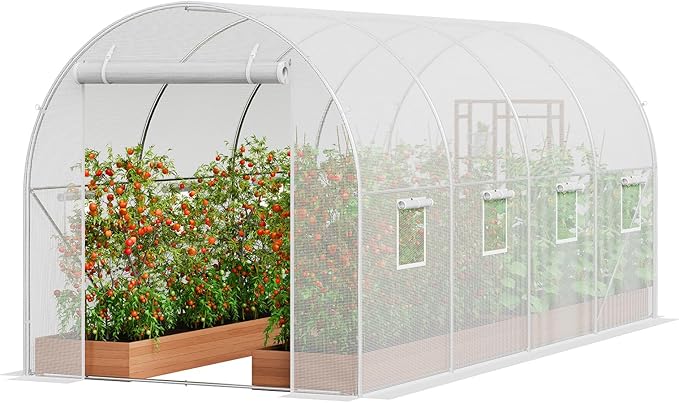 VEVOR Walk-in Tunnel Greenhouse 14.6x6.4x6.3 ft Hoop House Greenhouse Tunnel Plant Hot House with Galvanized Steel Frame White PE Cover Roll-up Zipper Door and 8 Windows for Outdoor