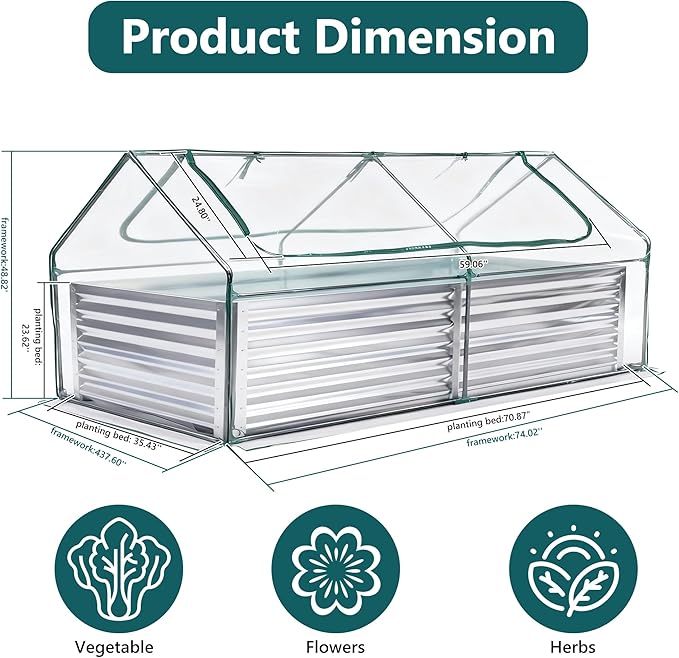 NEWBULIG 6x3x2ft Galvanized Raised Garden Bed with Greenhouse Cover Outdoor Metal Planters Box for Planting Vegetables Flowers &amp Herbs Easy Assembly Clear