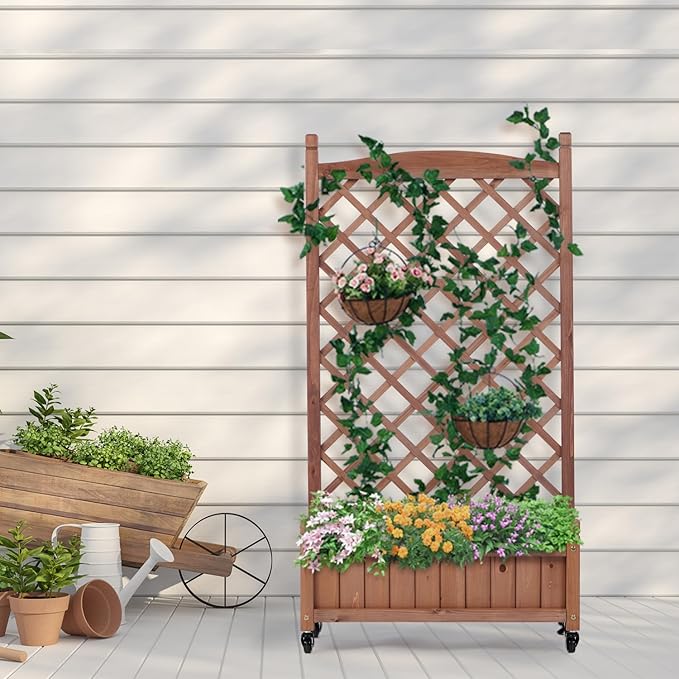 Raised Garden Bed with Trellis 2 Pack Outdoor Wooden Planter Box &amp Plant Stand with Climbing Racks Solid Wood Brown Planting Box with Trellis Outdoor Lawn Porch Outdoor-Ready