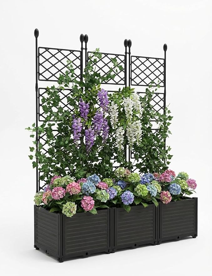 3 PCS Plastic Planter with Metal Trellis 48.8 in Privacy Screen &amp Garden Bed for Climbing Plants Freestanding Raised Box for Patio Balcony &amp Small Outdoor Spaces