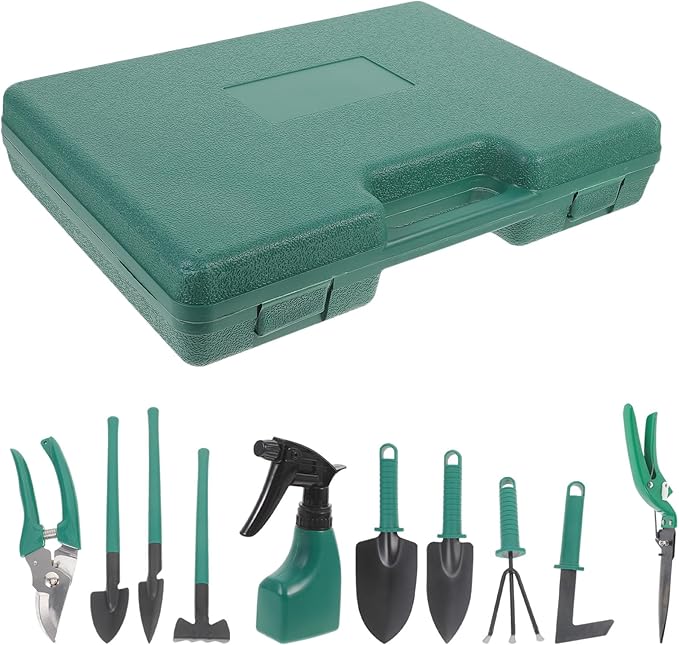 POPETPOP Gardening Tool Set with Storage Case 10pcs Portable Garden Hand Tools for Planting Pruning and Raking Compact Gardening Supplies Kit for Outdoor Lawn and Garden Work