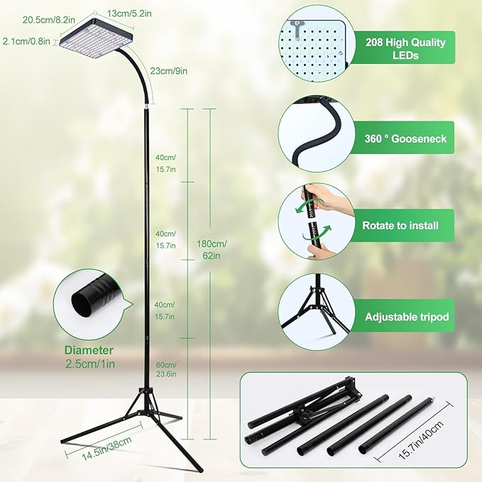 2026 Full Spectrum Grow Light with Stand 25 Watt Bright Grow Lights for Indoor Tall Plants Bonsai Tree Auto On/Off Daily Timer(4/8/12/16/20H) Adjustable Stand 24-78