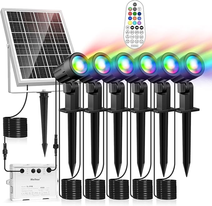 MEIHUA Solar Spot Lights Outdoor Color Changing 6 in 1 Solar Landscape Lighting RGB Spotlights with Remote Control IP66 Waterproof Solar Lights Outdoor Garden for Pathway Yard Pool Tree