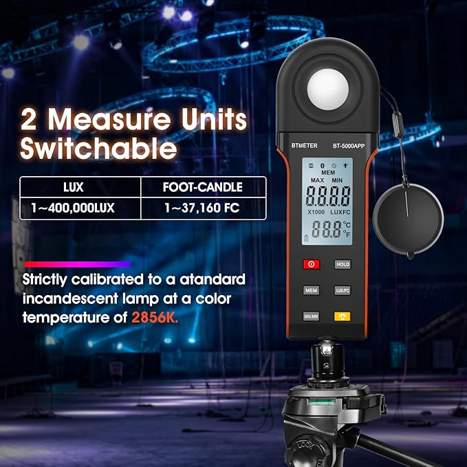 BTMETER Illuminance Light Meter w/Bluetooth - Digital Lumen Tester Measure Lighting Level Intensity 1~400000 Lux(Foot Candle 1~37160) Luxometer with 270º Rotated Sensor Data Logging for Plants Grow