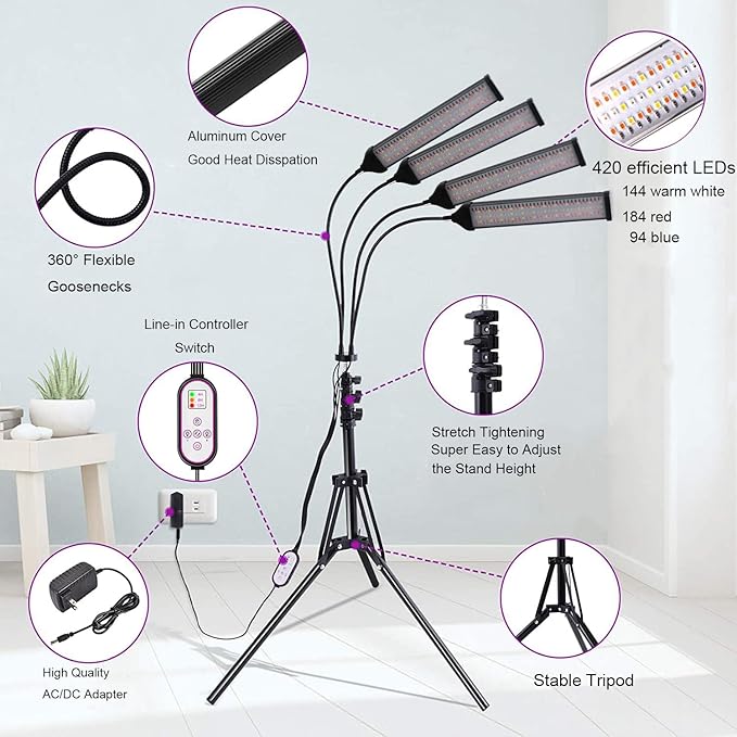 Plant Grow Light with Stand 420LEDs Sunlight Full Spectrum Floor Plant Light with Timer 10 Dimmable Levels 4 Head Plant Lamp for Indoor Plants with Stand for Veg and Bloom