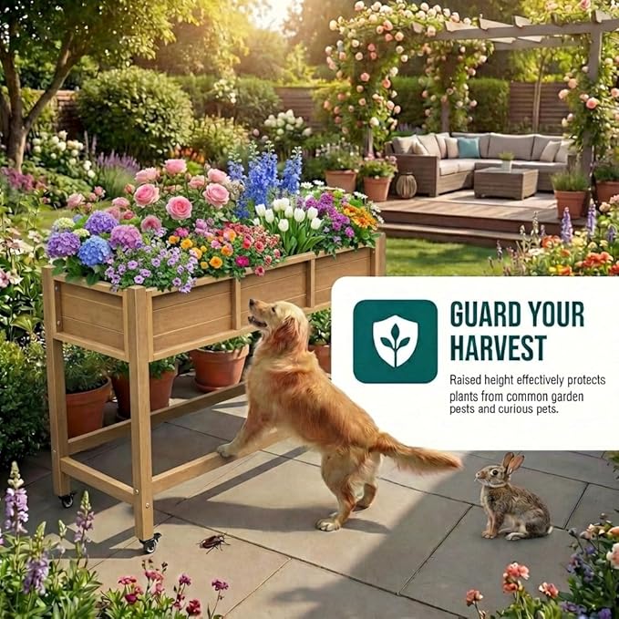 YITAHOME Raised Garden Bed HDPE 47x18x31In Poly-Wood Weather-Resistant Raised Flower Bed Elevated Planter Box with Lockable Wheels for Vegetables Brown