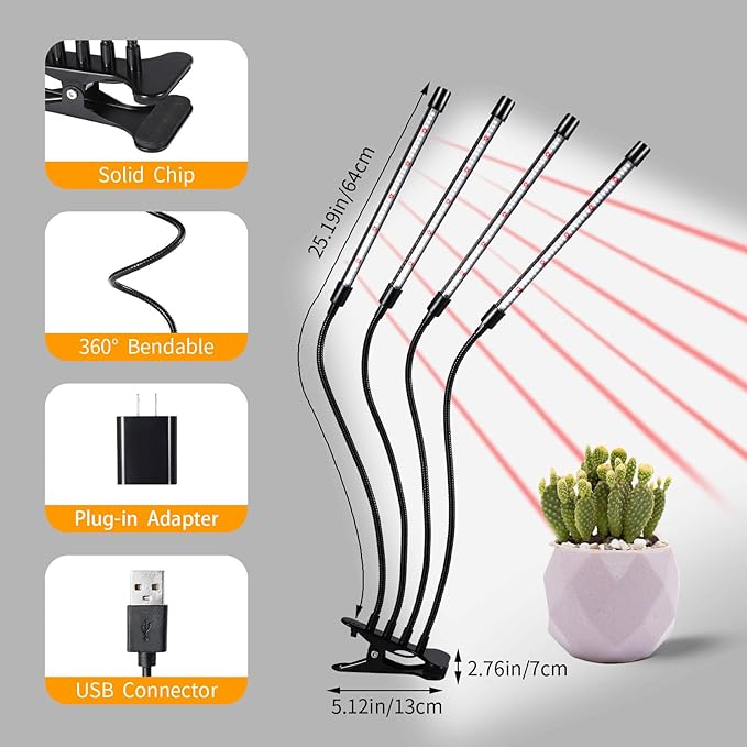 Black Clip Grow Lights for Indoor Plants 168 Full Spectrum LEDs Clip Plant Growing Lamps with Flexible Gooseneck and 4/8/12h Timer 3 Spectral Modes 10 Dimmable Levels (4 Head 1 Pack)