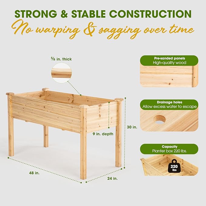 Idzo Raised Garden Bed with Legs Durable Elevated Garden Box with Wax Oil Coated 48x24x30in Wood Planter with Big Planter Box Load Up to 220 Pounds Ergonomic Height for Convenient Plants Care