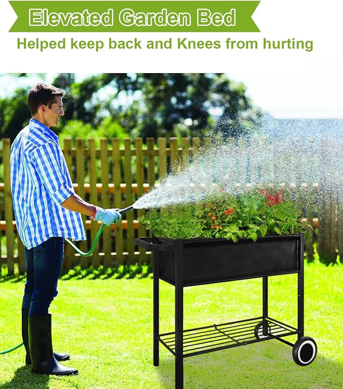 Raised Garden Bed with Legs for Outdoor Plants Standing Elevated Planter Box Cart on Wheels for Vegetables Flower Herb Patio Black