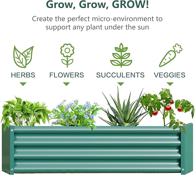 Raised Garden Beds Outdoor for Gardening 4×2×1ft Galvanized Rectangular Plastic Raised Planter Garden Box for Fruit Vegetables Herbs Flowers Growing Bed for Lawn Patio Balcony Green