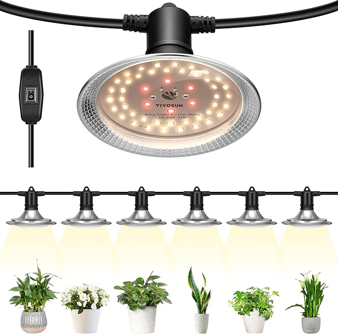 VIVOSUN Outdoor LED Grow Lights Waterproof String Grow Light Full Spectrum Plant Growing Lights with 22Ft Adjustable Cord for Seedling Veg Flower in Greenhouse Garden Backyard Farm (6-Light)
