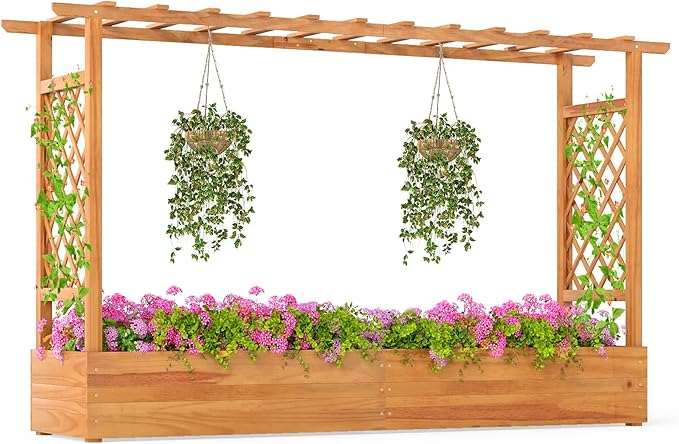 S AFSTAR Wooden Raised Garden Bed with Trellis 45 Elevated Planter Box with Hanging Roof &amp Open-Ended Base for Climbing Vine Flower Herb Vegetable Outdoor Plant Container for Patio &amp Yard