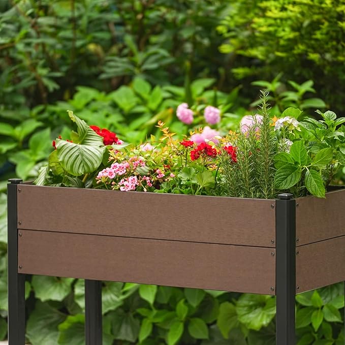 IDEALHOUSE 42.72x19.49x33.46 Raised Garden Bed HDPE Elevated Planter Box with Sturdy Aluminum Frame Wood Grain Outdoor Planter with Storage Shelf for Patio Balcony Lawn
