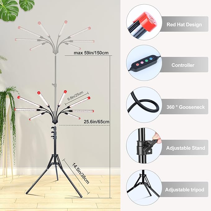FECiDA Gamechanger! 72 Watt Power Draw NO Need Adapter 8Head Grow Light with Tripod Stand 2026 Big Coverage LED Grow Lights for Indoor Tall Plants Bonsai Tree 4/8/12/16/20H Timer