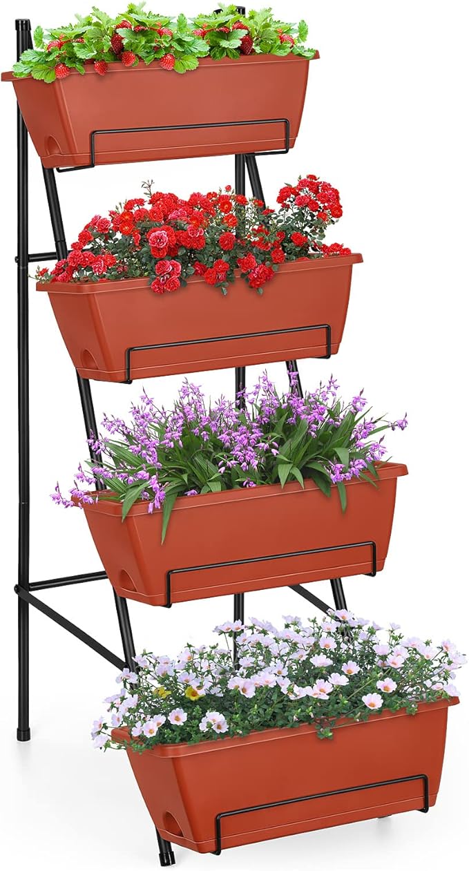 OYEAL Raised Garden Bed 4 Tier Vertical Garden Planter Indoor Outdoor Herb Planter with Legs Elevated Garden Planters for Flowers Vegetables Plants Brick Red