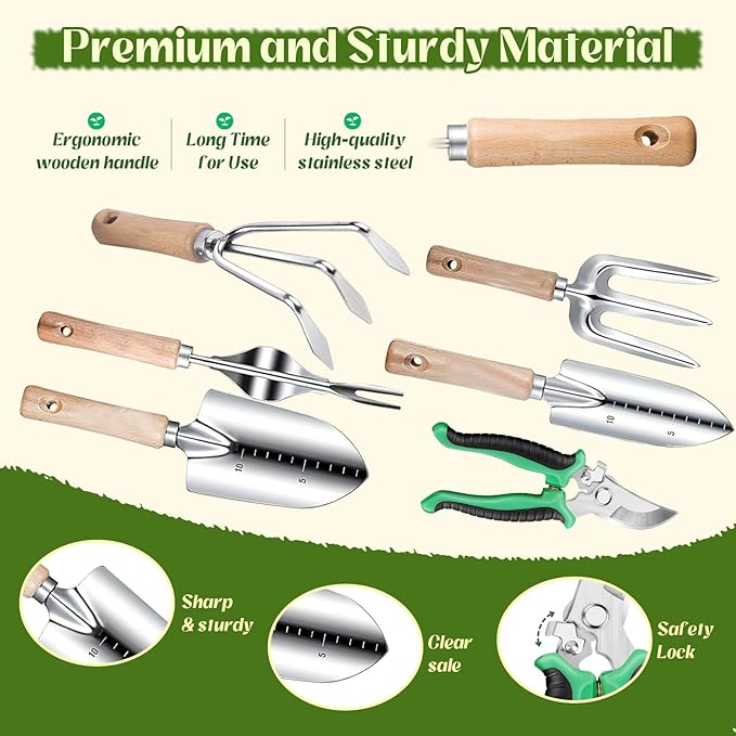Garden Tools 9-Piece Heavy Duty Gardening Hand Tools with Floral Organizer Tote Bag Rust-Proof Garden Tool Set Thickened Repotting Mat Gardening Gifts for Women Mom Green
