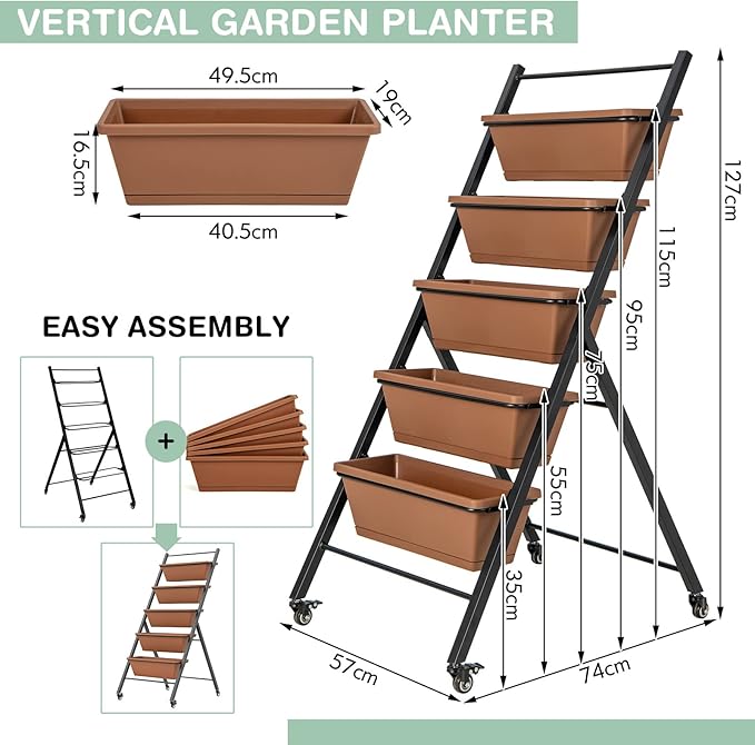 S AFSTAR 5-Tier Vertical Garden Planter Raised Garden Bed with 2 Lockable Wheels 5 Removable Planter Boxes Metal Frame Indoor Outdoor Elevated Planting Box for Flower Vegetables Fruit Herbs