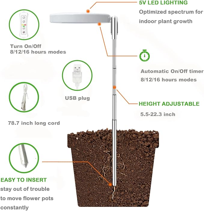 Plant Grow Lightyadoker LED Growing Light Full Spectrum for Indoor PlantsHeight Adjustable Automatic Timer 5V Low Safe Voltage