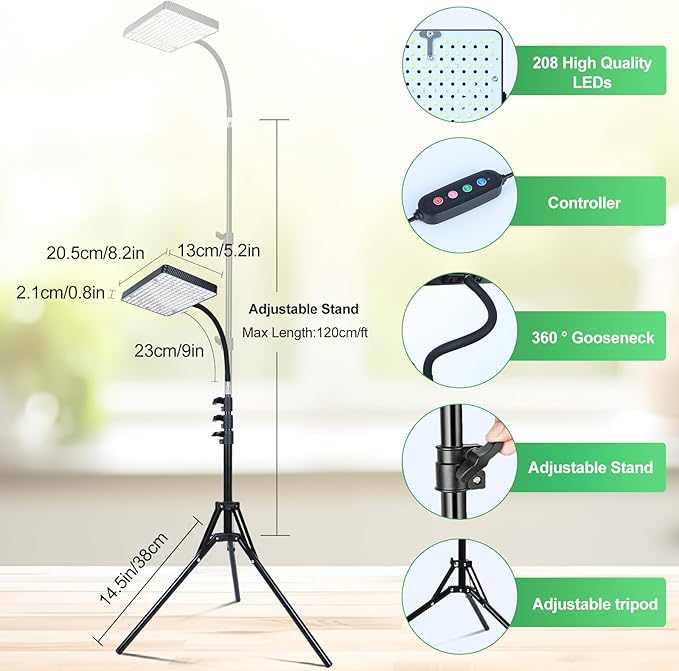 2026 Grow Light with Stand 4/8/12/16/20H Timer 25 Watt Power Draw NO Need Adapter Bright Enough for Indoor Tall Plants Bonsai Tree Daisy Chain Function 40-64 Height Adjustable