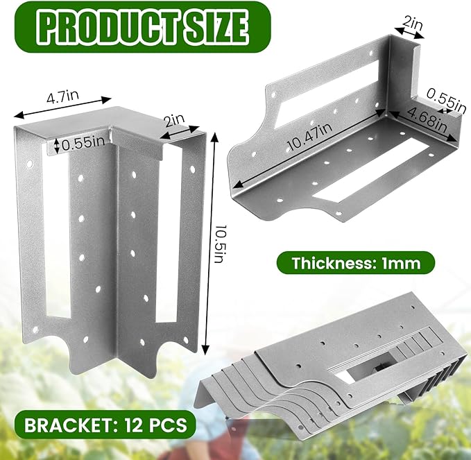 12 Pack Raised Garden Bed Corner Brackets with Securing Lip Fits Lumber up to 2 x 12 Metal Garden Corner Bracket for Wood Frame Bed 4.7 L x 2 W x 10.5 H (Sliver)
