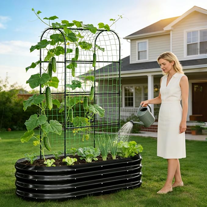 2 in 1 Galvanized Raised Garden Bed with 71 H Arch Trellis for Climbing Plants Outdoor Gardening Planter Box with Climbing Net for Flowers Vegetables Fruits Herbs Black