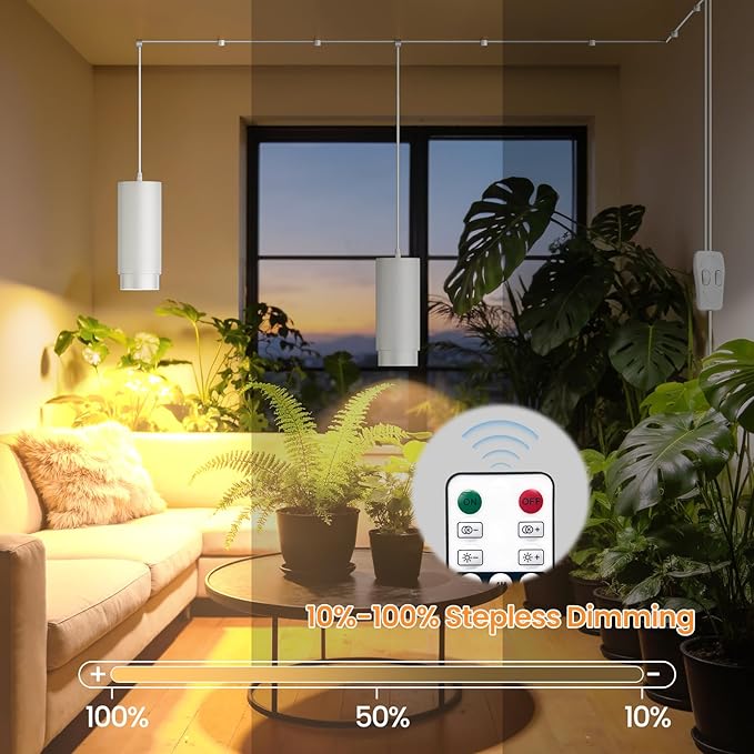 Zoomable Remote Pendant Grow Lights with Auto On/Off Timer 2X 30W Full Spectrum LED Plant Light 2700K-6000K Dimmable Plug in Hanging Lights for Indoor Plants 20FT Power Cord White 2PCS