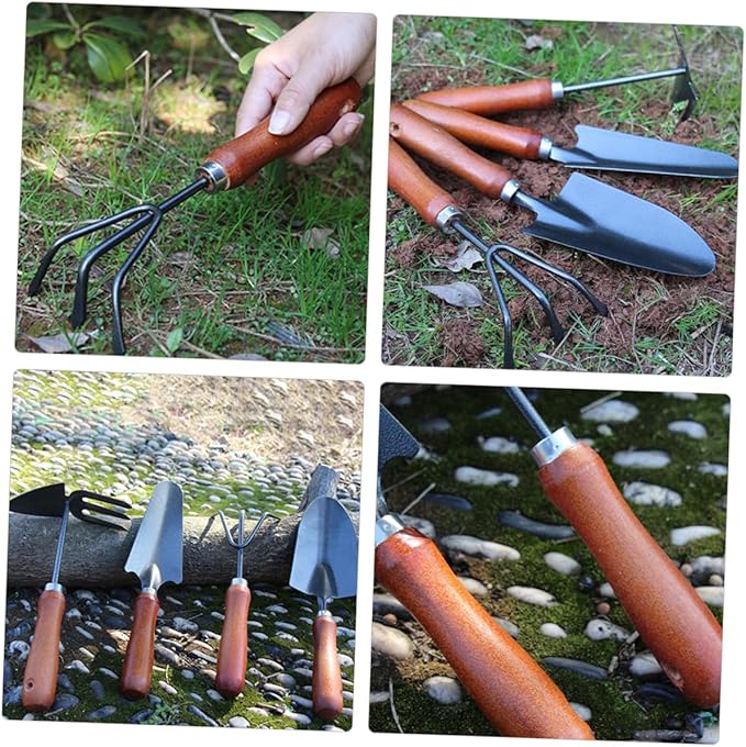 Garden Tool Set 4pcs Mini Trowel Hand Rake and Narrow Shovel for Digging and Planting Metal Gardening Tools with Extended Handles for Flower Pots and Vegetable Beds