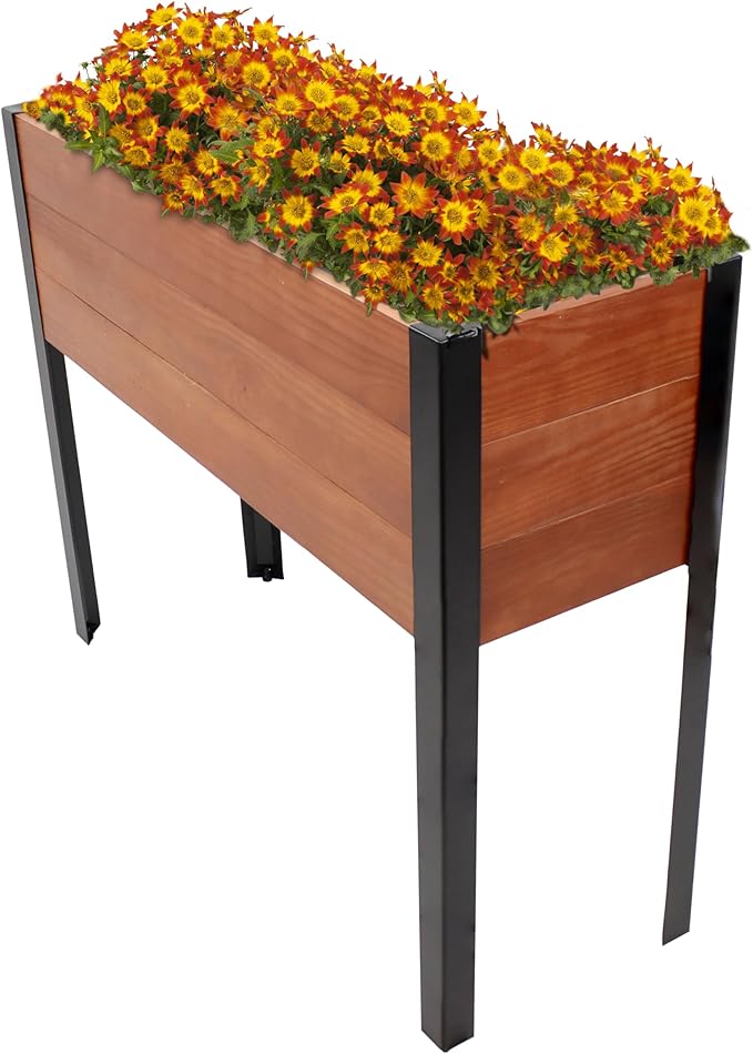 Sunnydaze Acacia Wood Raised Garden Bed with Legs - 31-Inch H - Powder-Coated Steel Frame - Removable Planter Bag - Brown