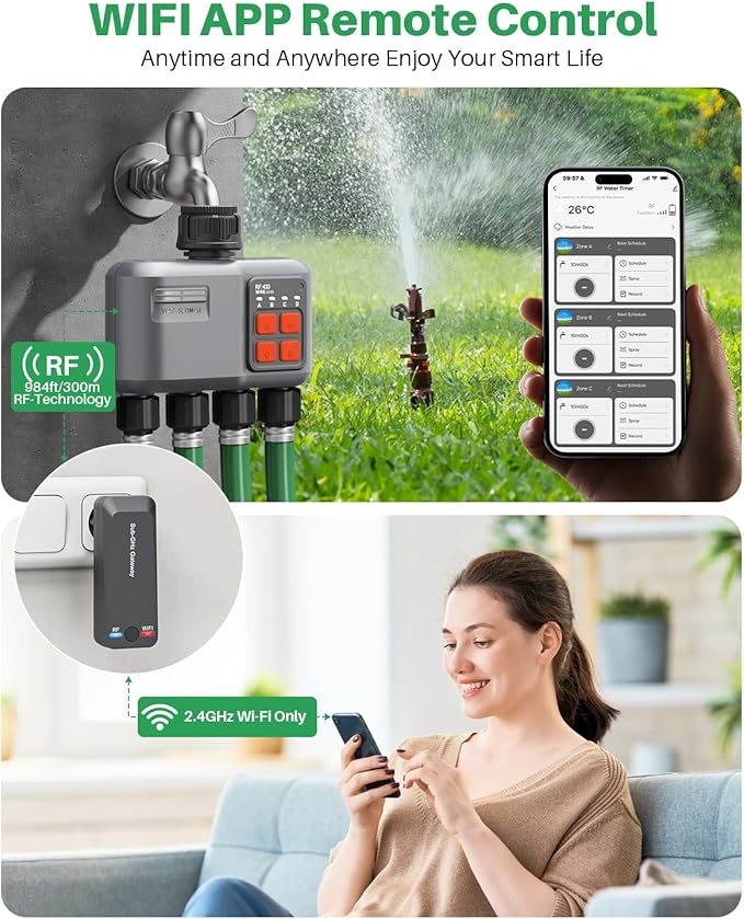 WiFi Sprinkler Timer 4 Zone with 984 Feet RF Gateway 4 Outlet Smart Water Timer for Garden Hose with Rain Delay/Manual/AutomaticWiFi Water Hose Timers for Garden &amp Lawns