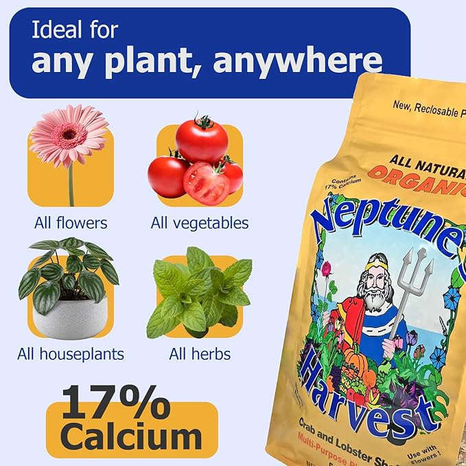 Neptune’s Harvest Organic Crab &amp Lobster Shell Multi-Purpose Plant Food (5-3-0) - 4 LB Resealable Bag - Rich in Nutrients Soil Fertilizer - Plant Food for Lawns Gardens and Vegetables