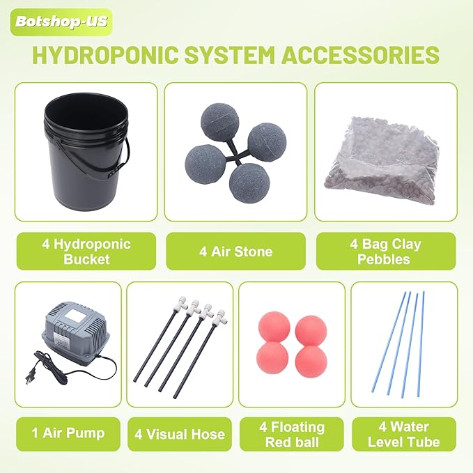 DWC Hydroponics Grow System with Top Drip Kit 5-Gallon 4 Buckets Deep Water Culture Recirculating Drip Garden System with Air Pump Hose Air Stone (4 Buckets + Top Drip Kit)