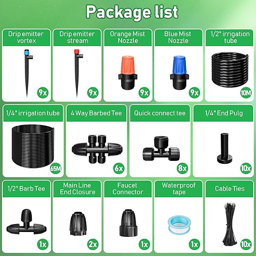246FT Drip Irrigation System Automatic Drip Irrigation Kit with 1/2 Main Tube &amp 1/4 Branch Tubing Adjustable Drip Emitters Garden Watering System for Flower Bed Raised Beds Lawn Greenhouse