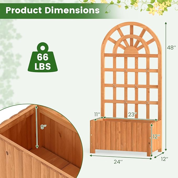 BECOMFORT 48”H Raised Garden Bed with Arched Trellis Fir Wood Planter Box with Privacy Screen &amp Drainage Holes for Balcony Yard Elevated Outdoor Flower Box for Climbing Plants Vegetables &amp