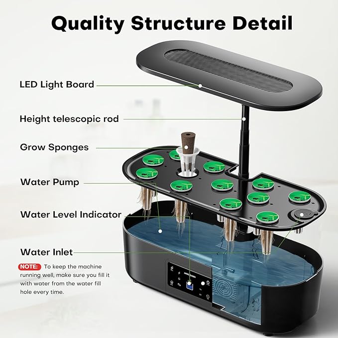 Ahopegarden Hydroponics Growing System Kit Indoor Herb Garden with Grow Light 12 Pods with LCD Touch Panel Hydroponic Planter Planting Height Up to 17 Grower Harvest Fresh Veggie Lettuce Black