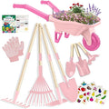 Kids Gardening Set with Wheelbarrow Real Metal Garden Tools for Kids Ages 3-8 4 Long Handle Tools 3 Hand Tool Gloves 5 Stickers Handbook Outdoor Backyard Toys for Toddler Gift