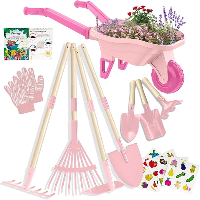 Kids Gardening Set with Wheelbarrow Real Metal Garden Tools for Kids Ages 3-8 4 Long Handle Tools 3 Hand Tool Gloves 5 Stickers Handbook Outdoor Backyard Toys for Toddler Gift