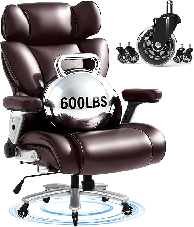 FLEXISPOT 600lbs Big and Tall Office Chair for Heavy People Heavy Duty Computer Desk Chair with Dynamic Lumbar Support 2D Armrest Blade Wheels Chairs for Home Office Gaming Working Leather Brown