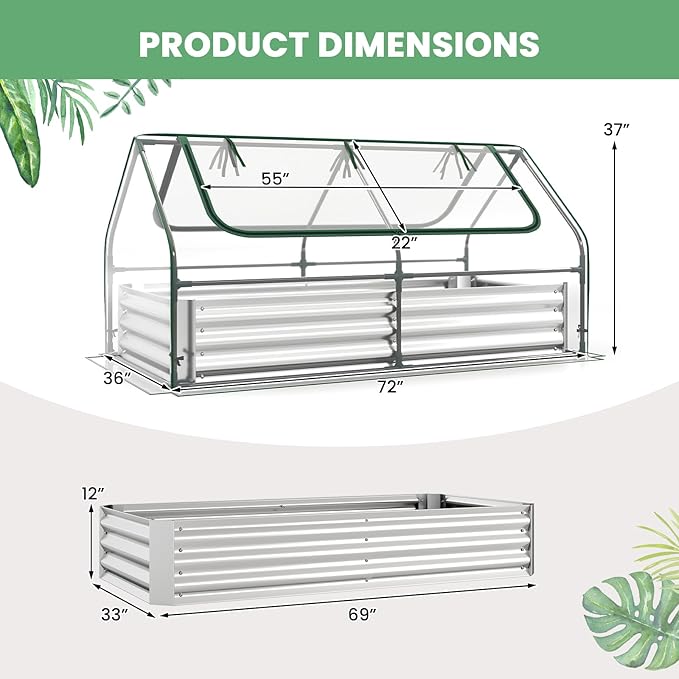 Happygrill Raised Garden Bed with Cover Galvanized Planter Boxes Outdoor w/Mini Greenhouse 2 Roll-up Windows &amp Open-Ended Base Metal Growing Raised Bed for Vegetables (Silver 72” x 36” x 37”)