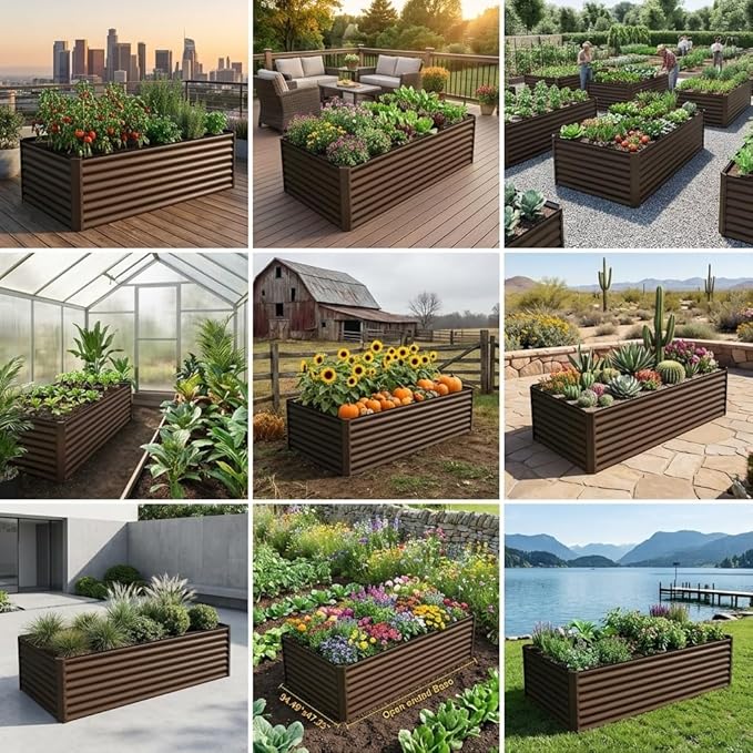 8x4x2 ft Galvanized Raised Garden Bed Large Metal Planter Box for Vegetables Fruits Flowers Herbs Brown Outdoor Gardening