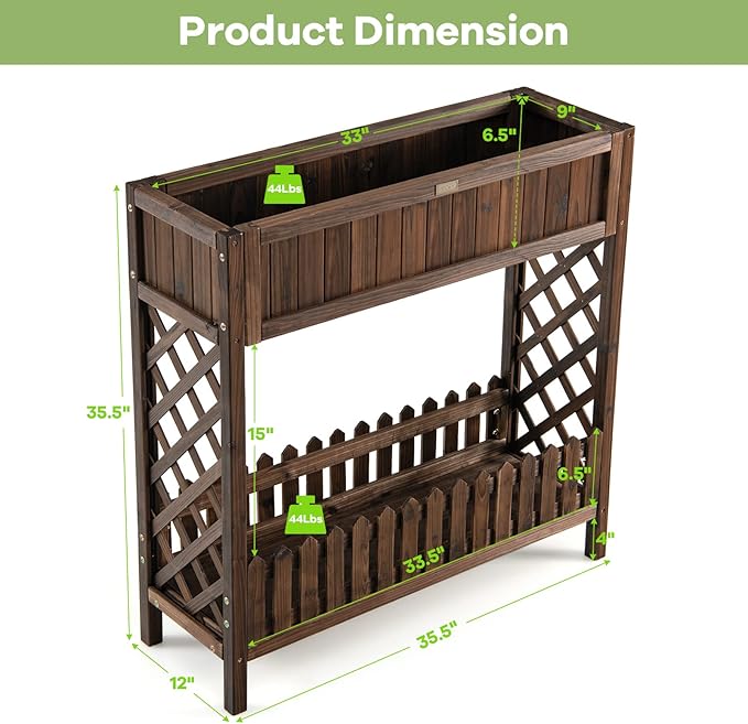 S AFSTAR 2-Tier Raised Garden Bed Indoor Outdoor Flower Bed with Bottom Shelf Fence 35.5” H Wood Elevated Planter Box for Vegetable Flower Herb Succulent Ideal for Patio Balcony Backyard
