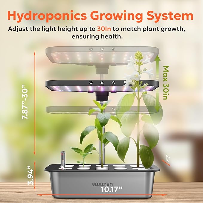 owltron Smart Hydroponics Growing System Kit15 Pods Indoor Herb Garden with 36W LED Grow Light &amp APP Control Planting Height Up to 30 Quiet Water Pump Ideal Gift for All Ages Dark Silver
