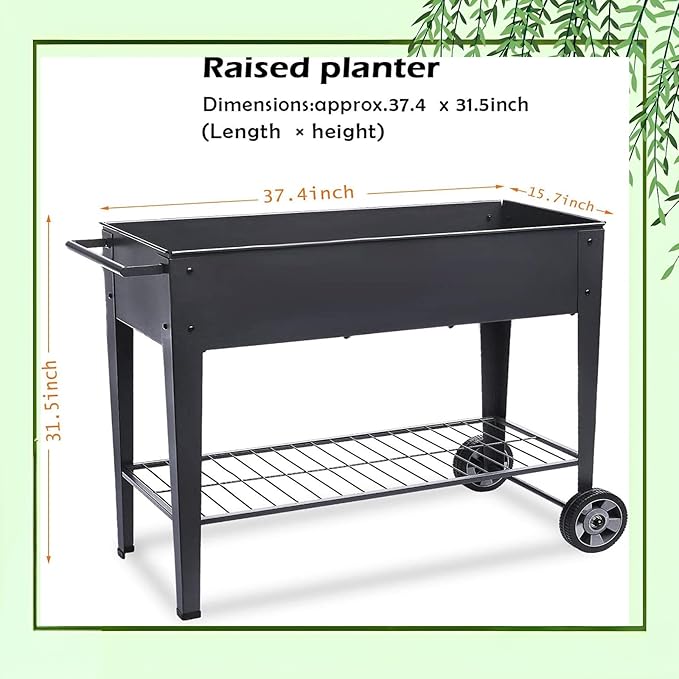 31.5 Tall Raised Garden Bed with Wheels Extra 15.7 W Planter Box (400 lbs Loads) with Storage Shelf &amp HandleHeavy Duty Metal Garden Planter for Vegetables Herbs &amp Flowers Patio &amp Bal