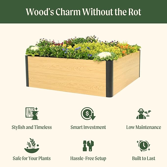 Vego garden Woodgrain Series Raised Garden Bed 16'' Tall 4' x 4' Wooden-Look Metal Planter Box Outdoor for Gardening Vegetables Flowers Herbs