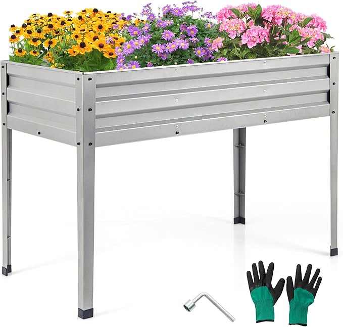 Giantex Raised Garden Bed with Legs 46”x24”x32” Galvanized Steel Planter Box with Drainage Holes for Vegetables Flowers &amp Fruits Freestanding Elevated Planting Bed Easy Assembly (Silver)