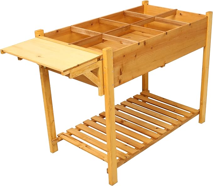 8 Pockets Horticulture Raised Garden Bed Elevated Wood Planter Box Stand with Foldable Side Table and Storage Shelf for HerbVegetablesFlowers