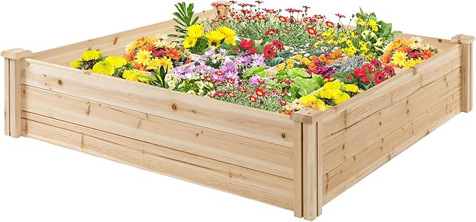 Raised Garden Bed Kit 4' x 4' Outdoor Wooden Planter Box with 9 Growing Grids for Plants and Herbs