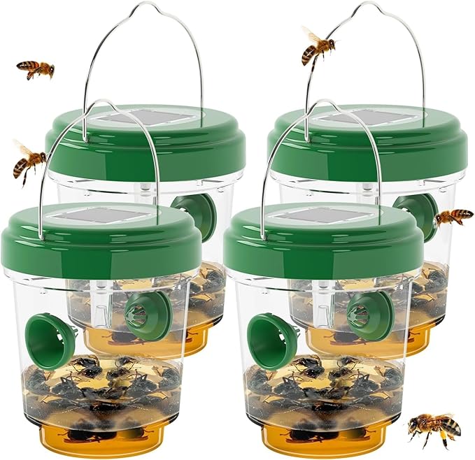 Wasp Traps for Hunting Wasps Bees Hornets Insects Yellow Jacket Traps Wasp Trap Catcher Reusable Solar Powered Hanging for Outdoor 4 Packs