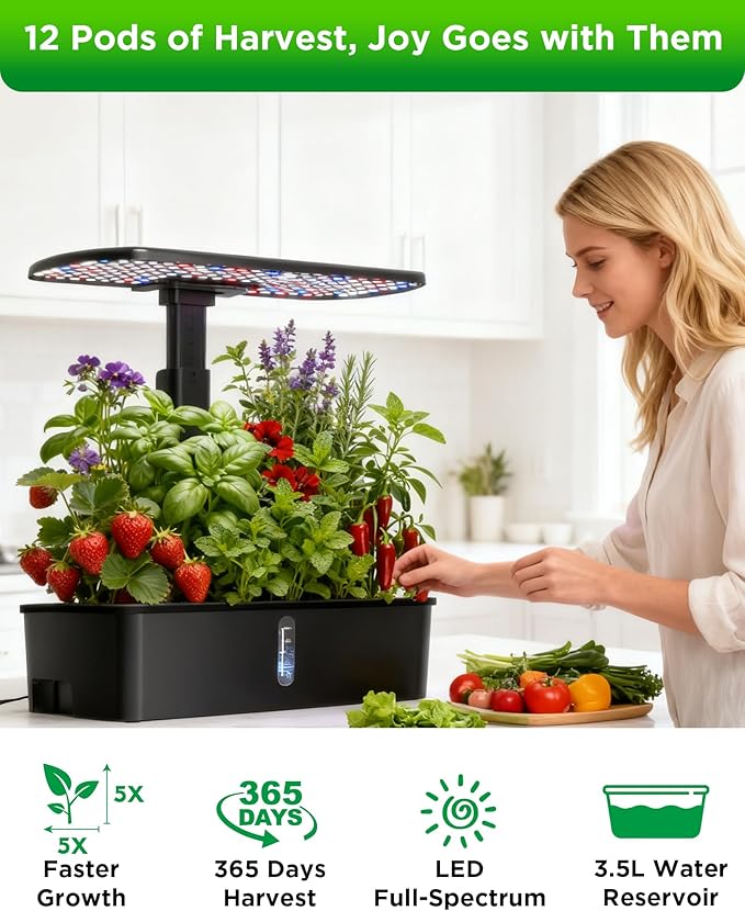 Hydroponics Growing System Kit 12 Pods Indoor Garden Hydroponic Indoor Herb Garden Kit with Grow Light Smart in Door Gardening Gifts for Women Adjustable Height Auto Timer Quiet Pump