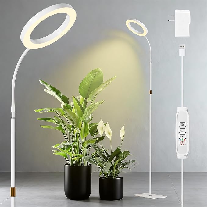 One Head Grow Light for Indoor Plants Full Spectrum - Floor Standing Plant Lamp with Auto Timer 6/12/18H 5-Level Dimmable &amp Adjustable Height 16.5-68in for Large Tall Plants | White