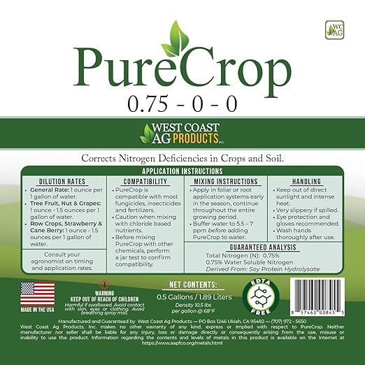 PureCrop – All-Crop Plant-Based Fertilizer &amp Spray Concentrate | Corrects Nitrogen Deficiency | Compatible with All Crops | Sustainable Formula | 0.75% Nitrogen | Made in The USA (0.5 Gallon)